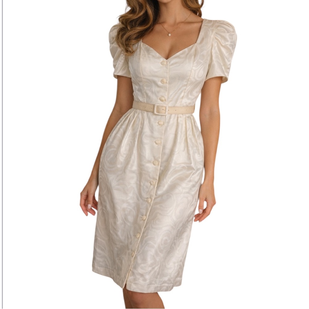 NWT VINTAGE Cotton Belted White Button Up Midi Pinup Retro Deadstock Dress SZ 10